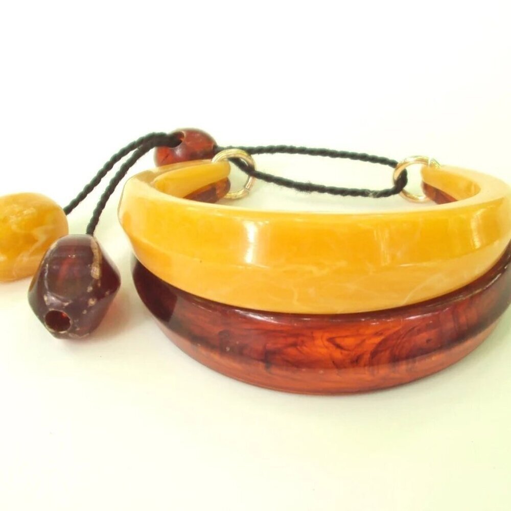 Vintage Bracelet, Amber & Root Beer, Cuff, Tassel